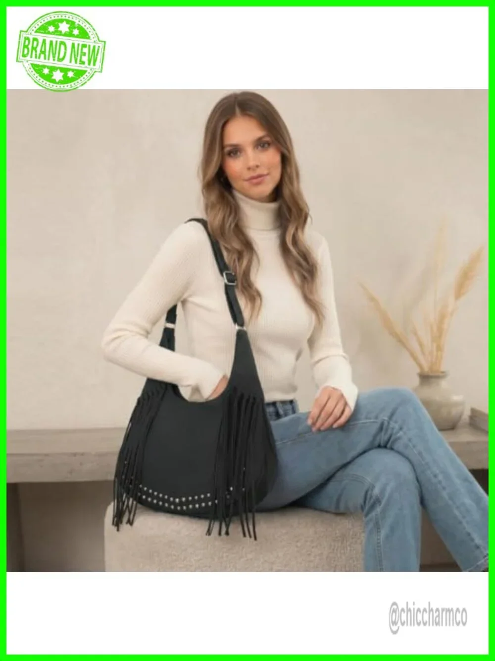 Vintage Suede Fringe Hobo Bag Crossbody Tassel Shoulder Purse Boho with Studs